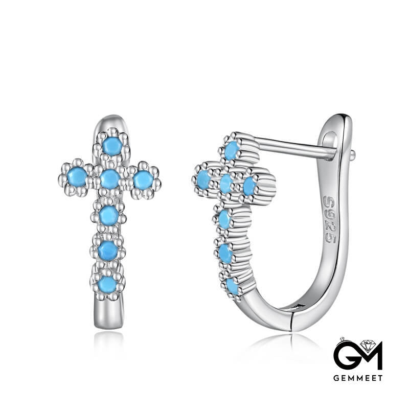 S925  Blue White Zircon Small Cross Earrings