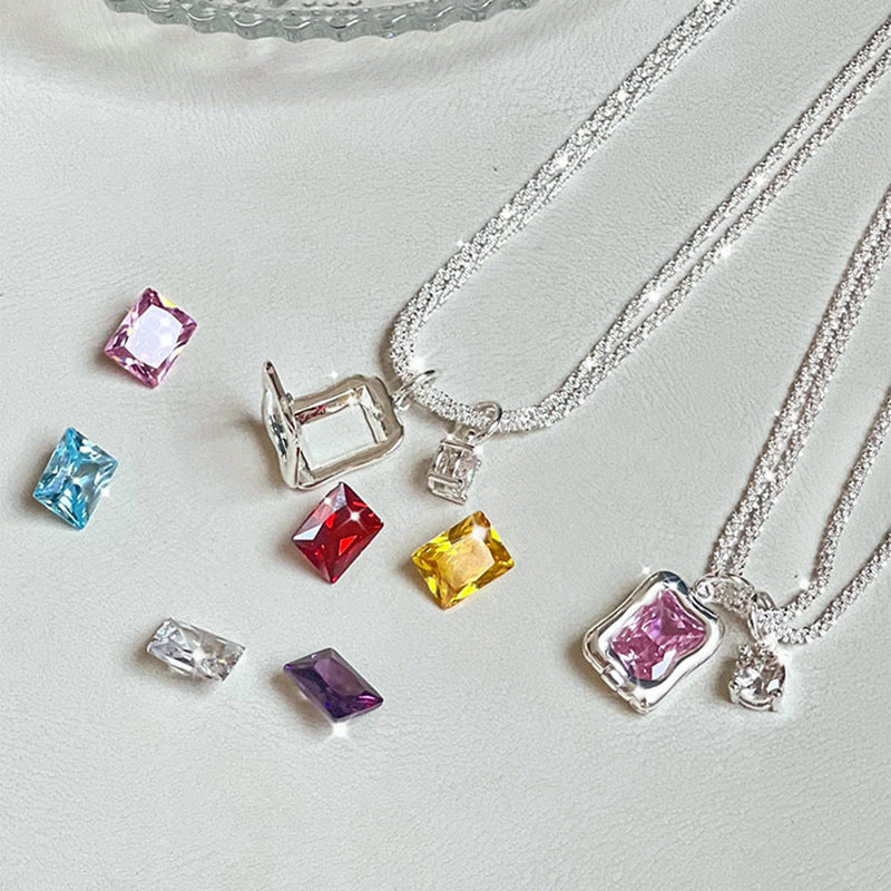 Replaceable Square Colored Stone Layers Necklace