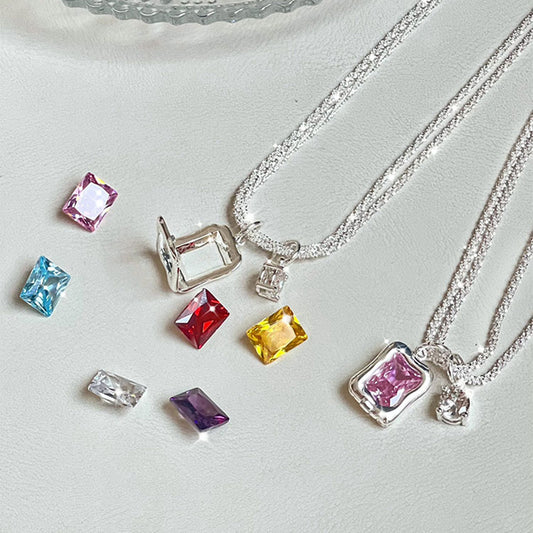 Replaceable Square Colored Stone Layers Necklace
