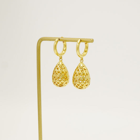 Oval Ball Hollow Carved Design Gold Dangle Earrings