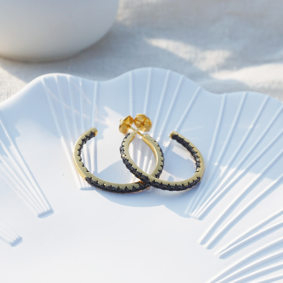 Golden Hammered Triple Black Stones Hoop Earrings