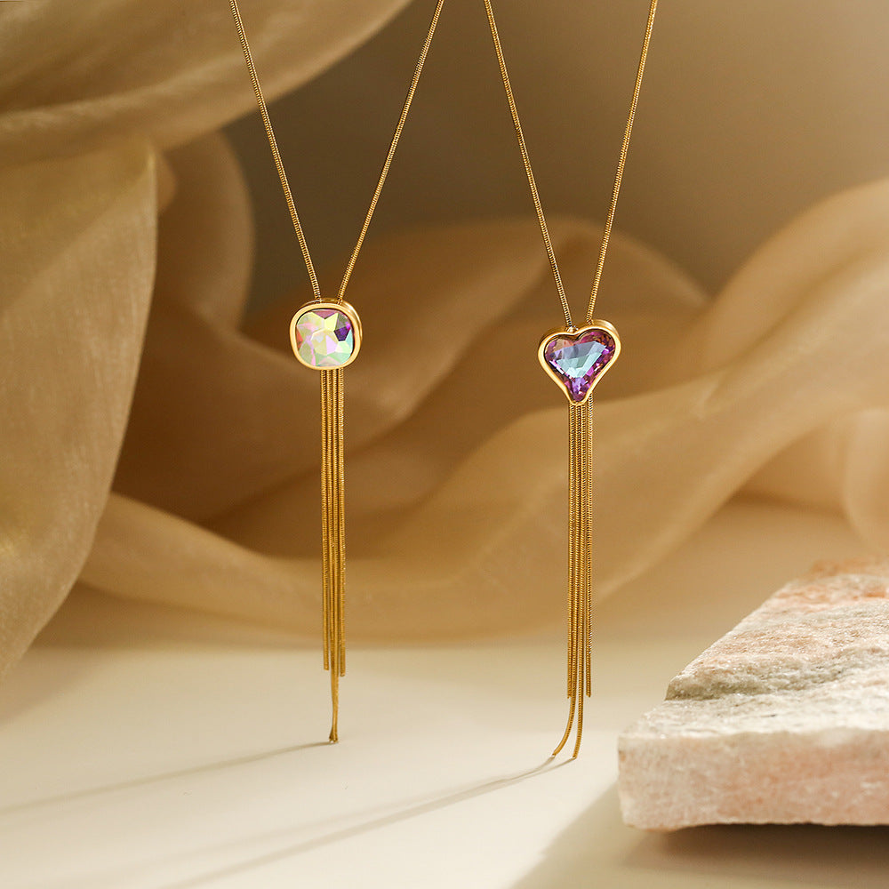 Simple Heart & Square Tassel Pendant Necklace
