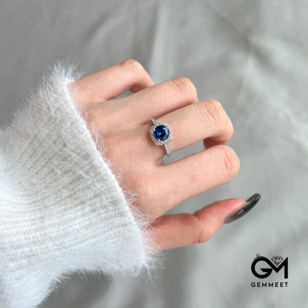S925 Pure Silver Blue Round Zircon Ring