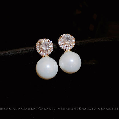 Electroplated Silver Needle Zircon Pearl Earrings