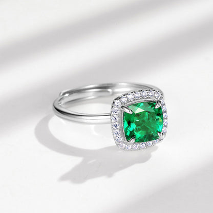 White Gold Cushion Shape Emerald Halo Ring