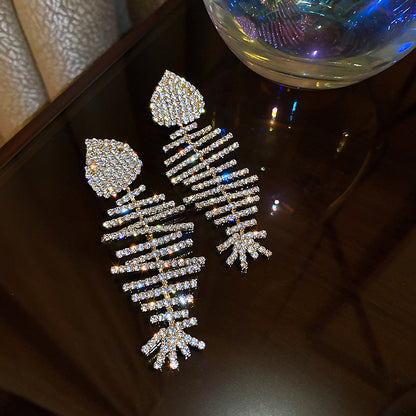 Cute Full Stones Heart Fishbone & Bow Tassel Earrings