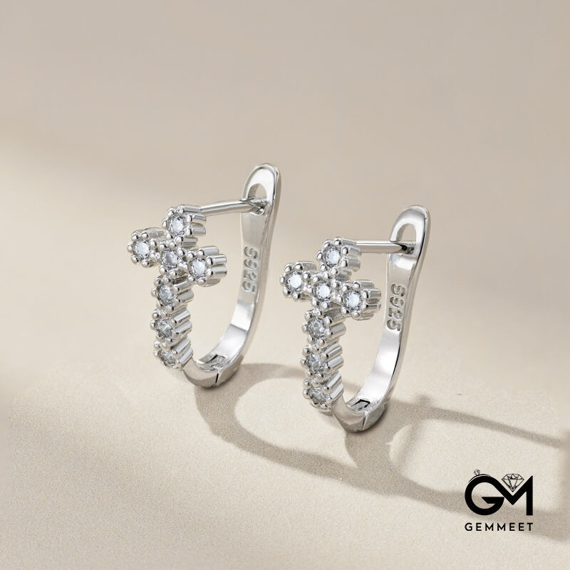 S925  Blue White Zircon Small Cross Earrings