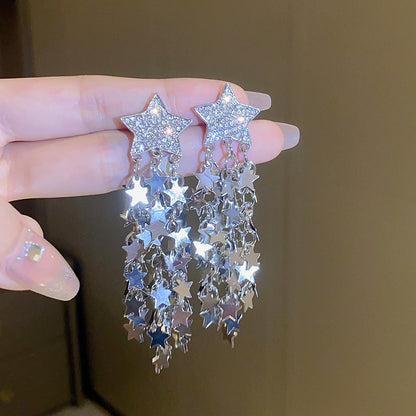 Cute Full Stones Bow Star & Drip Tassel Earrings