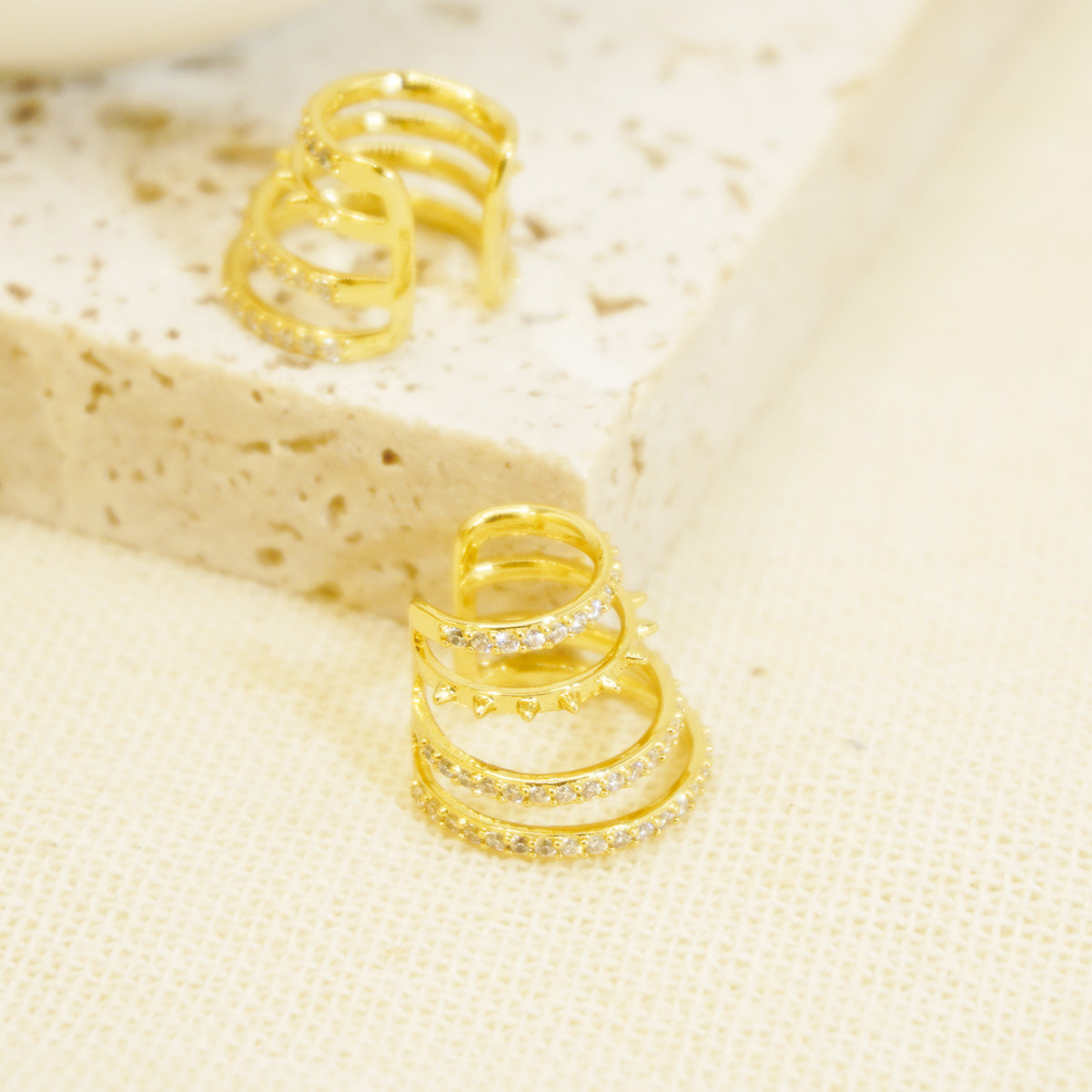 Line Juxtaposed Full Stones Clip-On Gold Hoop Earrings