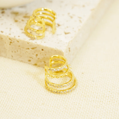 Line Juxtaposed Full Stones Clip-On Gold Hoop Earrings