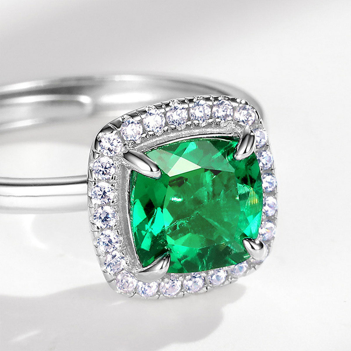 White Gold Cushion Shape Emerald Halo Ring