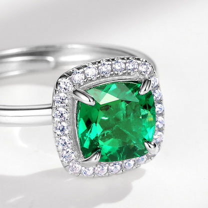 White Gold Cushion Shape Emerald Halo Ring