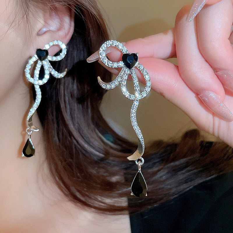 Cute Full Stones D Shape Heart & Bow Tassel Earrings