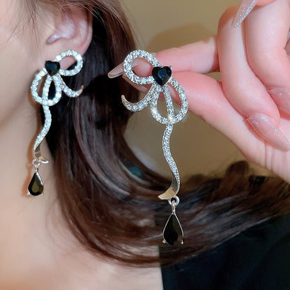 Cute Full Stones D Shape Heart & Bow Tassel Earrings