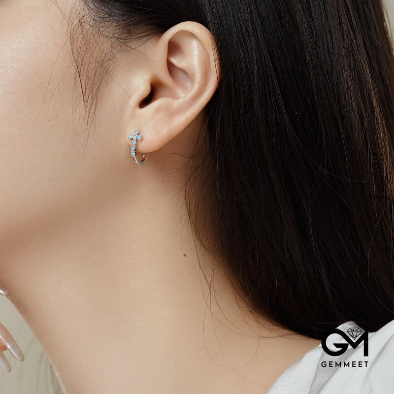S925  Blue White Zircon Small Cross Earrings