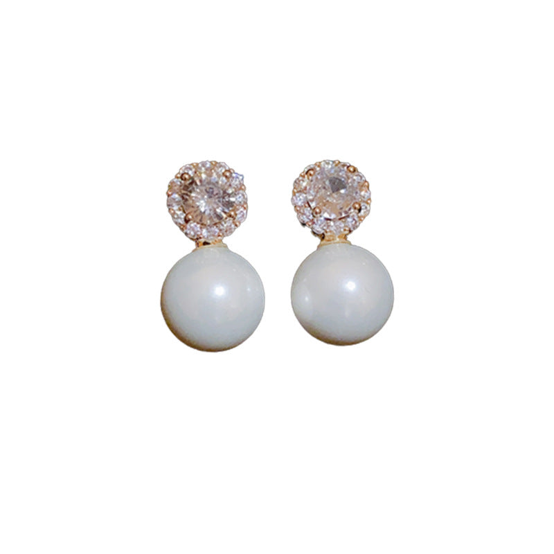 Electroplated Silver Needle Zircon Pearl Earrings