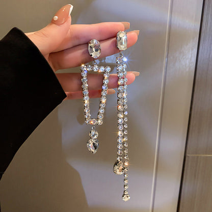 Cute Full Stones Chain Bow & Dissymmetry Tassel Earrings