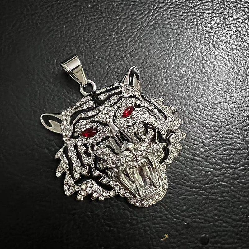 Hip-hop Jewelry Titanium Steel Gold-plated Inlaid Synthetic Cubic Zirconia Tiger Head Pendant