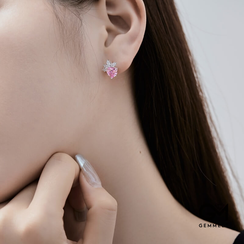 S925 Sterling Silver Pink Heart White Stud Earrings