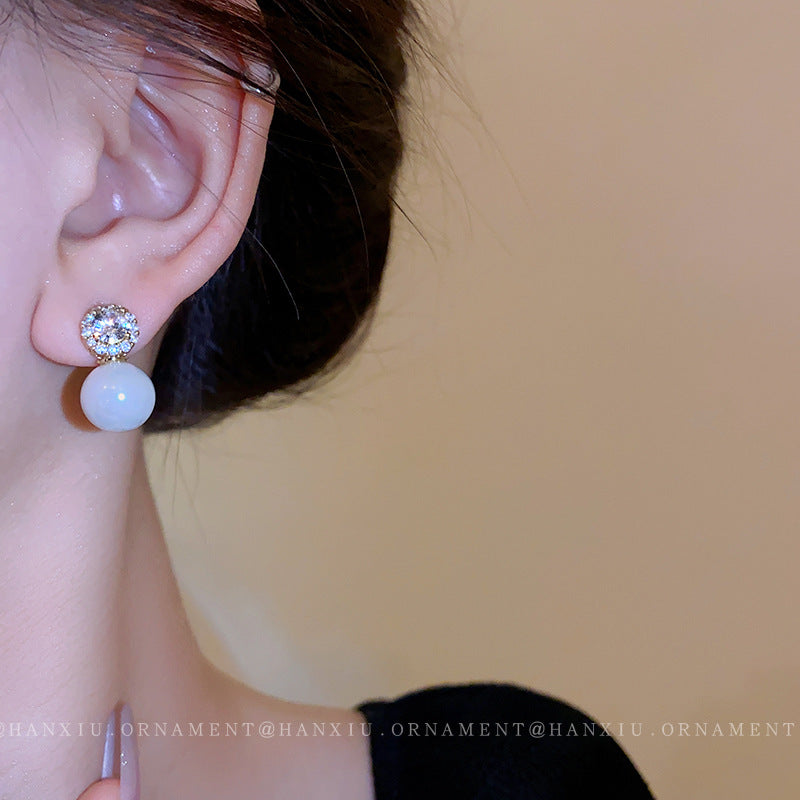 Electroplated Silver Needle Zircon Pearl Earrings