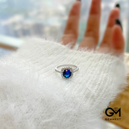 S925 Pure Silver Blue Round Zircon Ring