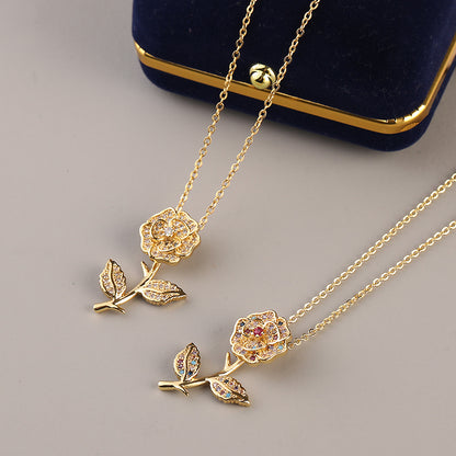 Retro Palace Style Color Zircon Rose Light Luxury Niche Necklace