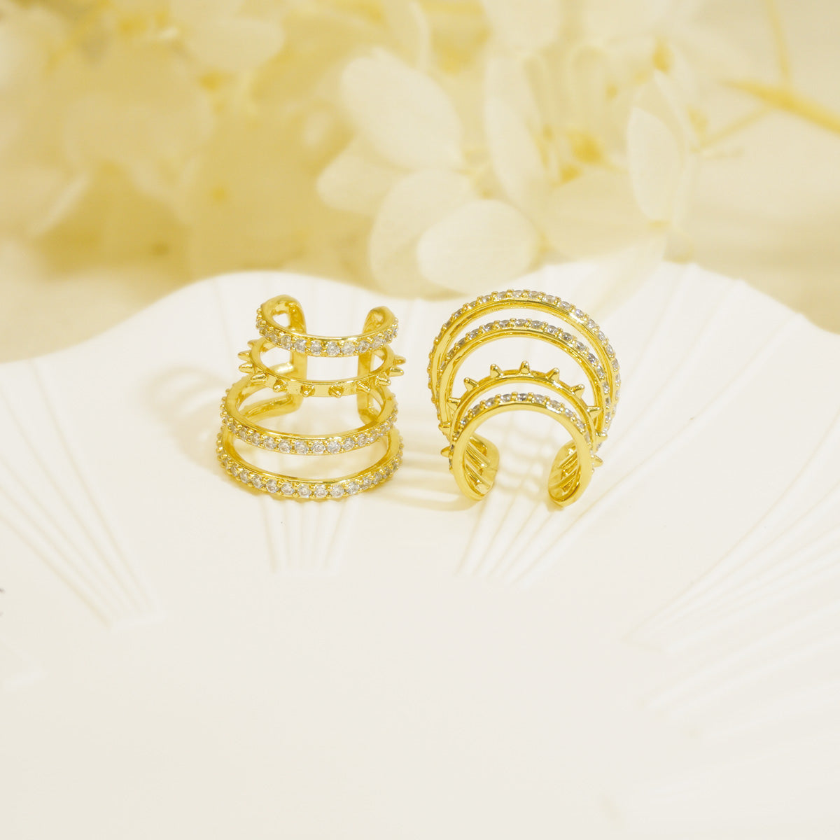 Line Juxtaposed Full Stones Clip-On Gold Hoop Earrings