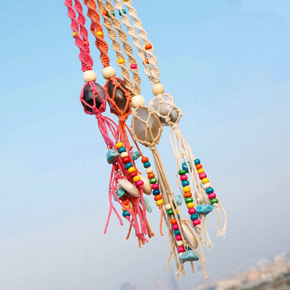 Bohemian Handcrafted Tassel Necklace Braided Rope Braided Knot Ethnic Style Gem Collar Decorated Stone Pendant