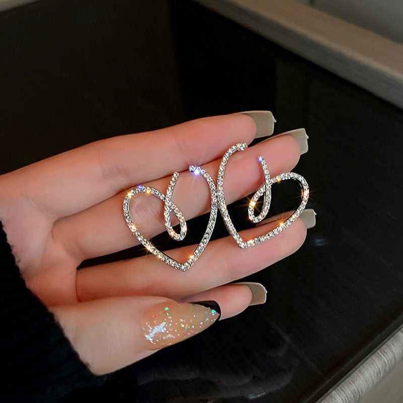 Cute Full Stones Heart Oval & Drip Tassel Earrings