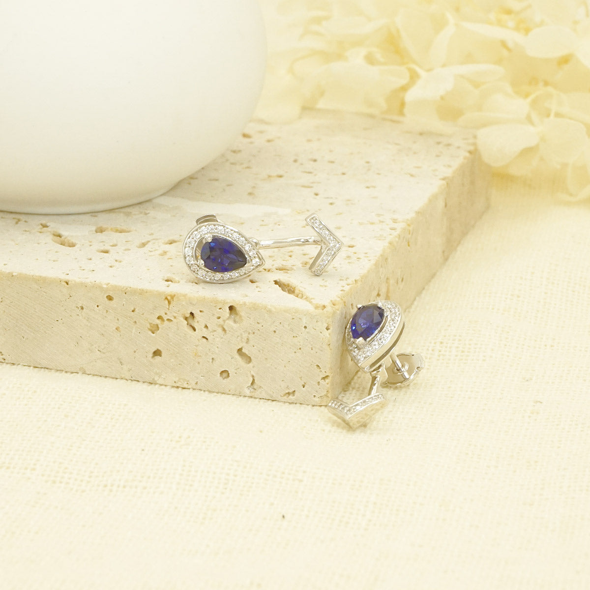 White Gold Pear Blue Sapphire Arrow Shape Drop Earrings