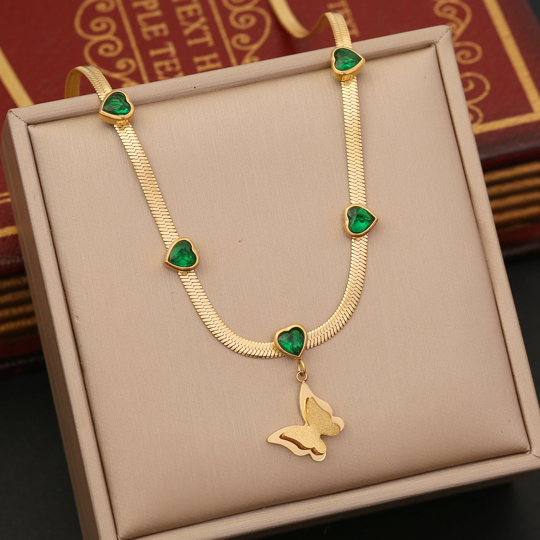 Emerald Zircon Stainless Steel Butterfly Necklace
