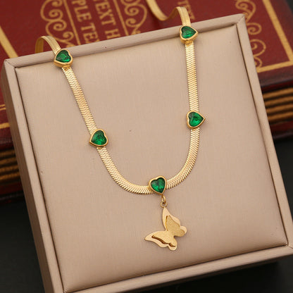 Emerald Zircon Stainless Steel Butterfly Necklace