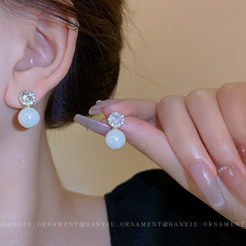 Electroplated Silver Needle Zircon Pearl Earrings