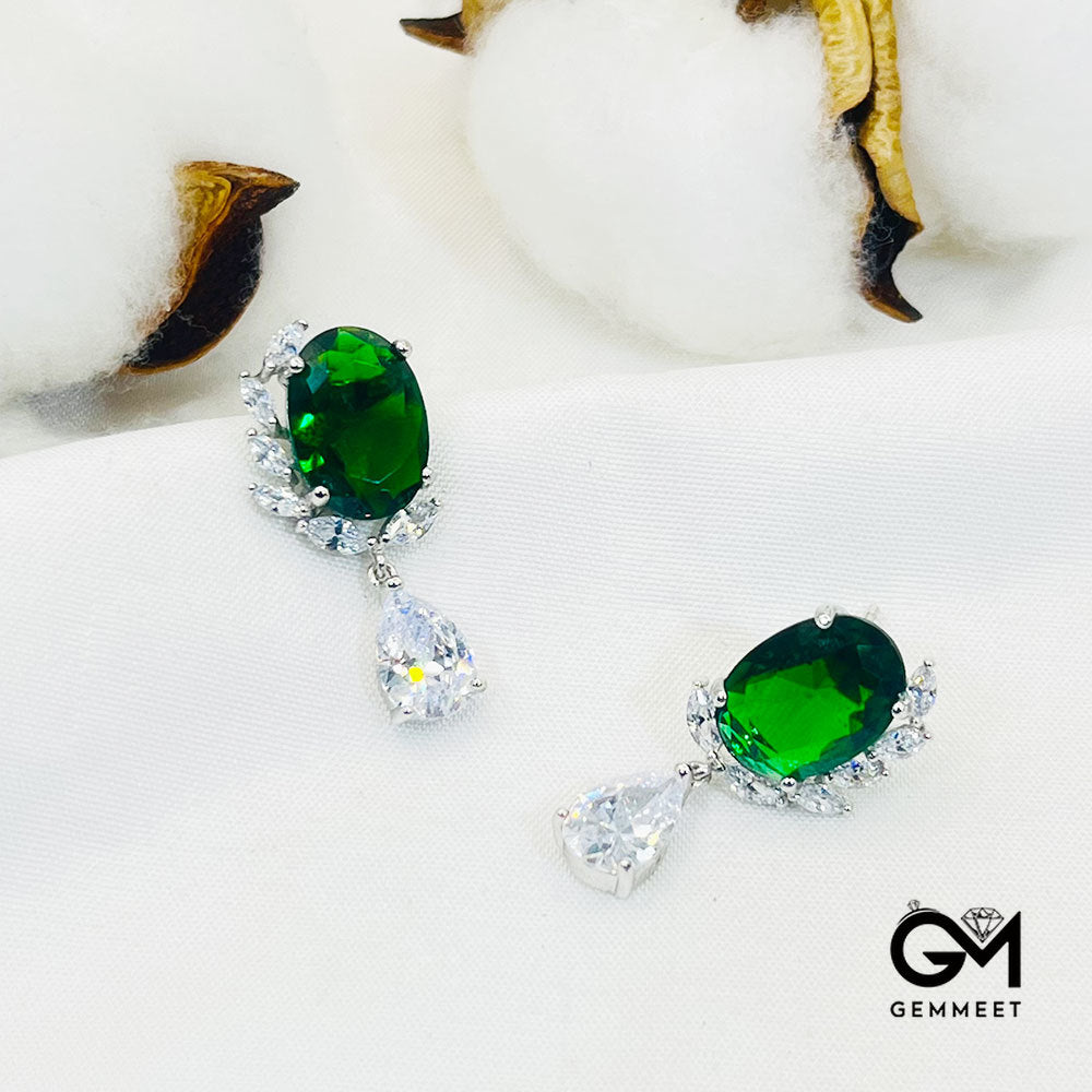 Oval Green Stone Half Moon White Stone Drop Earrings