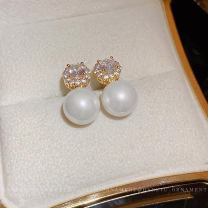 Electroplated Silver Needle Zircon Pearl Earrings