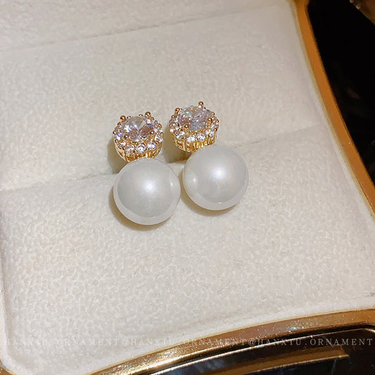 Electroplated Silver Needle Zircon Pearl Earrings