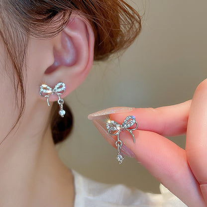 Cute Full Stones D Shape Heart & Bow Tassel Earrings